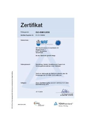 Zertifikat ISO 45001 NAF Neunkirchener Achsenfabrik